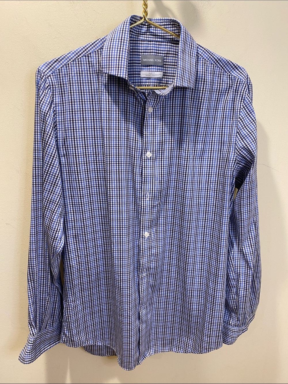 Michael Kors Slim Fit Men’s Blue and White Gingham Dress Shirt  Size M